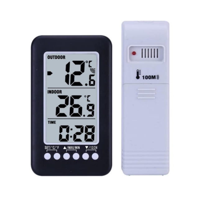CJ3315RF Wireless Digital Temperature Clock with Separate Transmitter - Indoor/Outdoor Temp Monitor, Large 94x54mm LCD Display, ℃/℉ Switchable, 12H/24H Time, Wall/Desktop Mount, ABS Black,