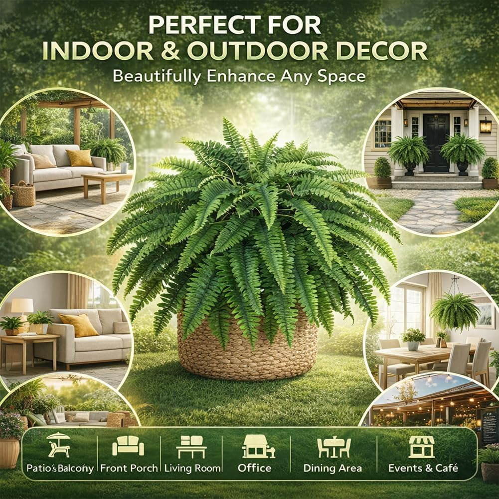 UV-Resistant Artificial Boston Fern for Outdoor Planters – Lifelike Silk Faux Plant for Patio, Porch & Garden, 38/60/88 Leaf