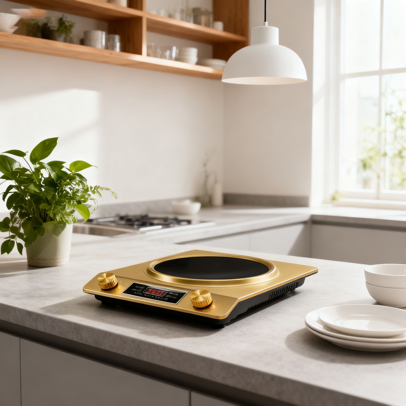 3500W Commercial Induction Cooktop - Portable Multifunctional Design with LCD Display, Knob Control, 10 Temp Settings & Concave Coil for Home/Restaurant/Food Truck,Gold