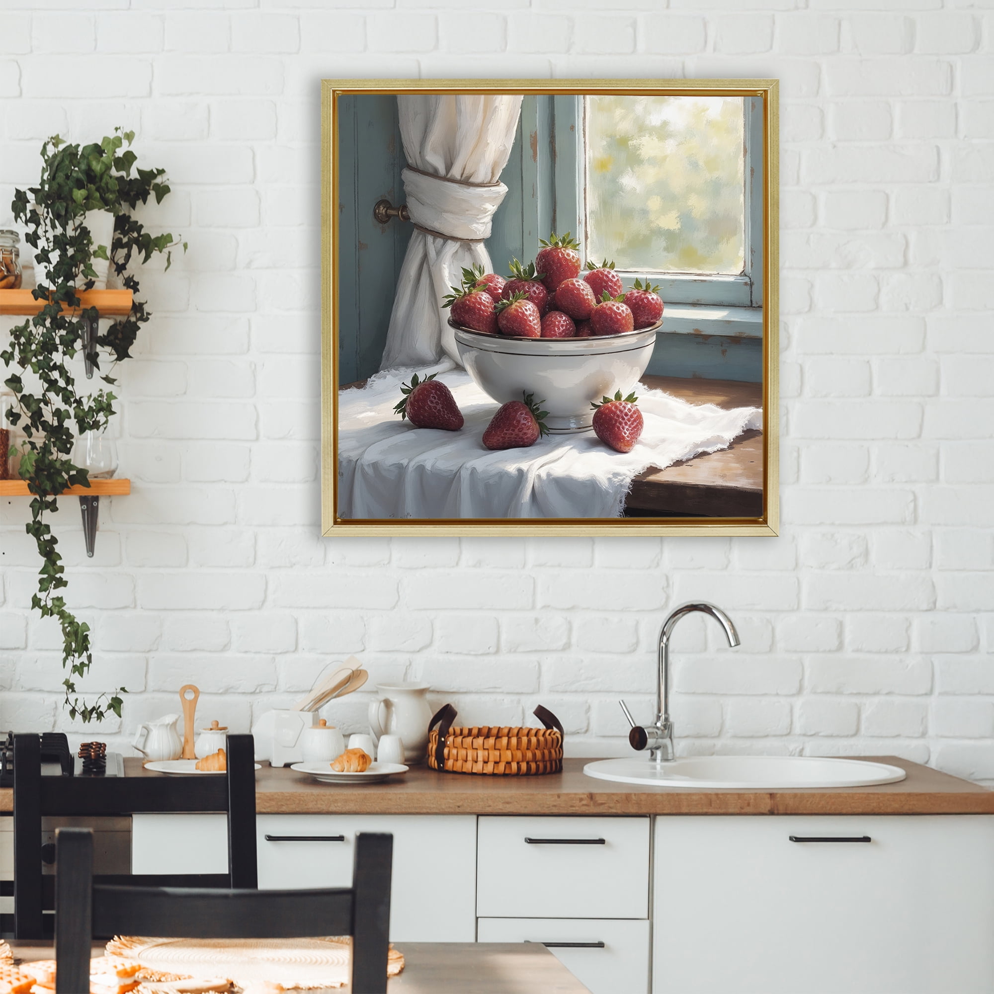 Strawberry Harvest in Window Gold Framed Floater Canvas Wall Art, design by Lettered and Lined