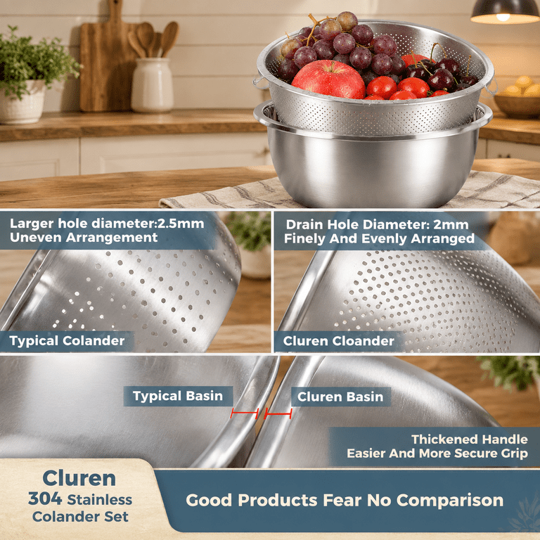 4.0 QT 2-in-1 Thickened 304 Stainless Steel Colander and Bowl Set ...