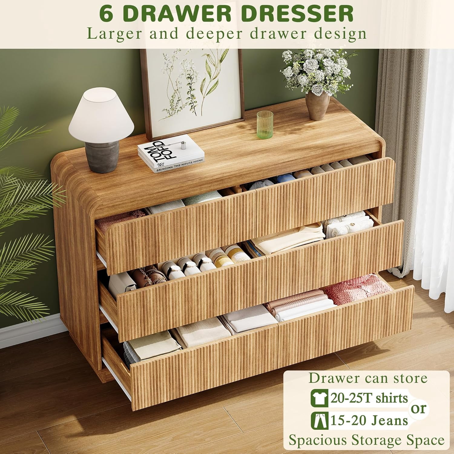 Akaber 6 Drawer Dresser for Bedroom, Fluted Tall Dresser 48" Wide Handleless Chest of Drawers with Rounded Corners, Modern Wood Dresser, Organizer Storage, Natural Oak
