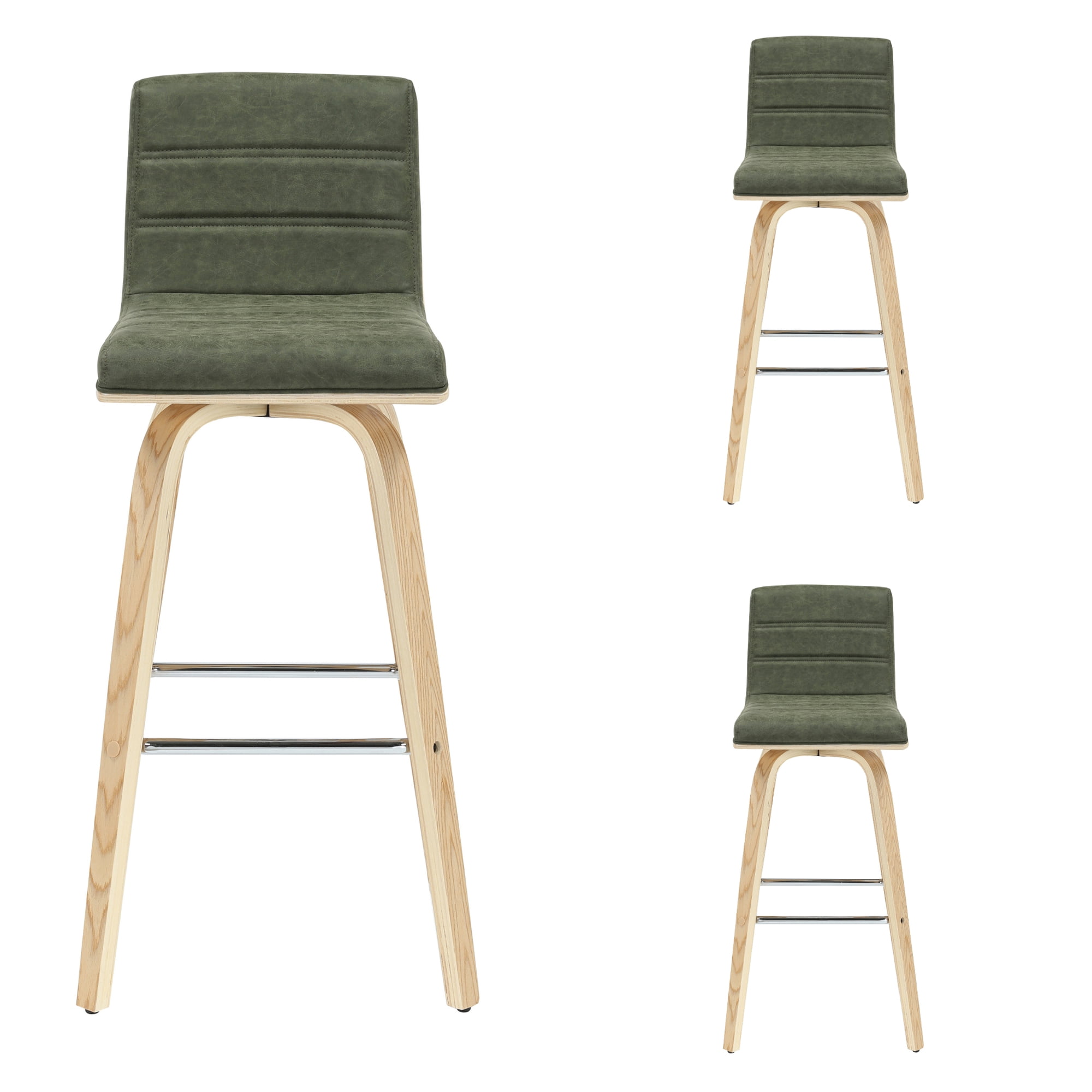 Vienna 39.5 in. H Swivel Bar Height Vintage Green Square Back Wood Bar Stool with Faux Leather Seat Set of 3
