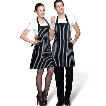 

MIARHB Adjustable Black Stripe Bib Apron With 2 Pockets Chef Kitchen Cook Tool BK