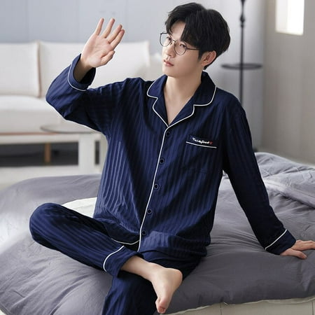 

CoCopeaunt New spring and autumn mens home wear cardigan long-sleeved pants pajamas set lapel loose pajamas men sleepwear