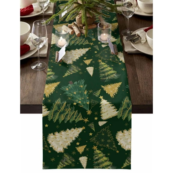 nqOlkjepod Green Christmas Tree Table Runner 108 Inches Long Farmhouse Dress Scarves, Golden Xmas Tree Snowflake Dining Tablerunner for Coffee Table/Kitchen Island/Party Décor, 13" x 108"