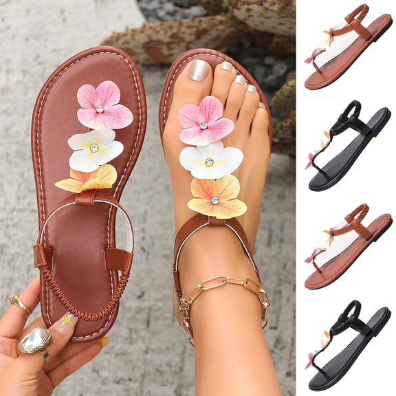 Miluxas Women's Flower Thong Flat Sandals T-Strap Boho Wedding Dressy Sandals for Women Brown 9.5(43)