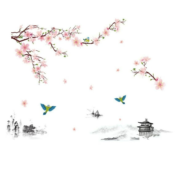 3D Pink Removable Peach Plum Cherry Blossom Flower Butterfly Vinyl Art Decal Wall Home Sticker Room Decor Art Decal Mural