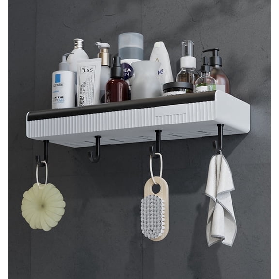 Adhesive Shower Caddy with 4 Hooks, Wall Mounted Bathroom Organizer Shelf for Shampoo and Soap, TIKA