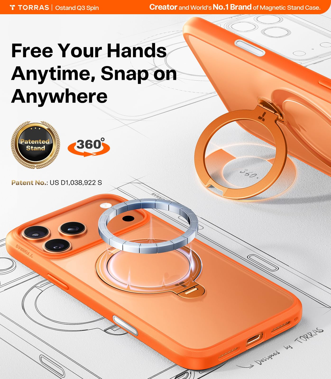 TORRAS Q3 Spin for iPhone 17 Pro Max Case with Camera Control Button, Wireless Charging Compatible, Shookproof Magnetic 360 Kickstand  for 17 Pro Max Phone Case with Stand, Cosmic Orange