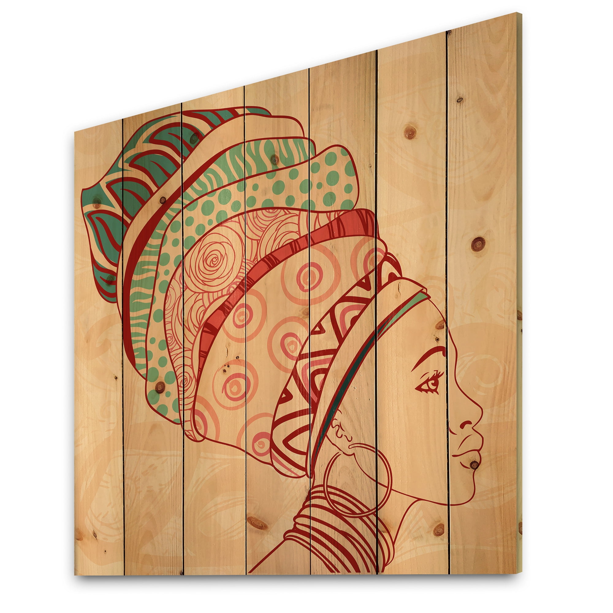 Designart 'African American Woman Portrait with Turban II' Modern Print on Natural Pine Wood