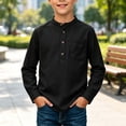 thumbnail image 2 of biudgviw Boys Henley Long Sleeve Shirts Child Cotton Linen T-Shirt Spring Fall Casual Front Button Tee Tops with Pocket(Black,7-8 Years), 2 of 6