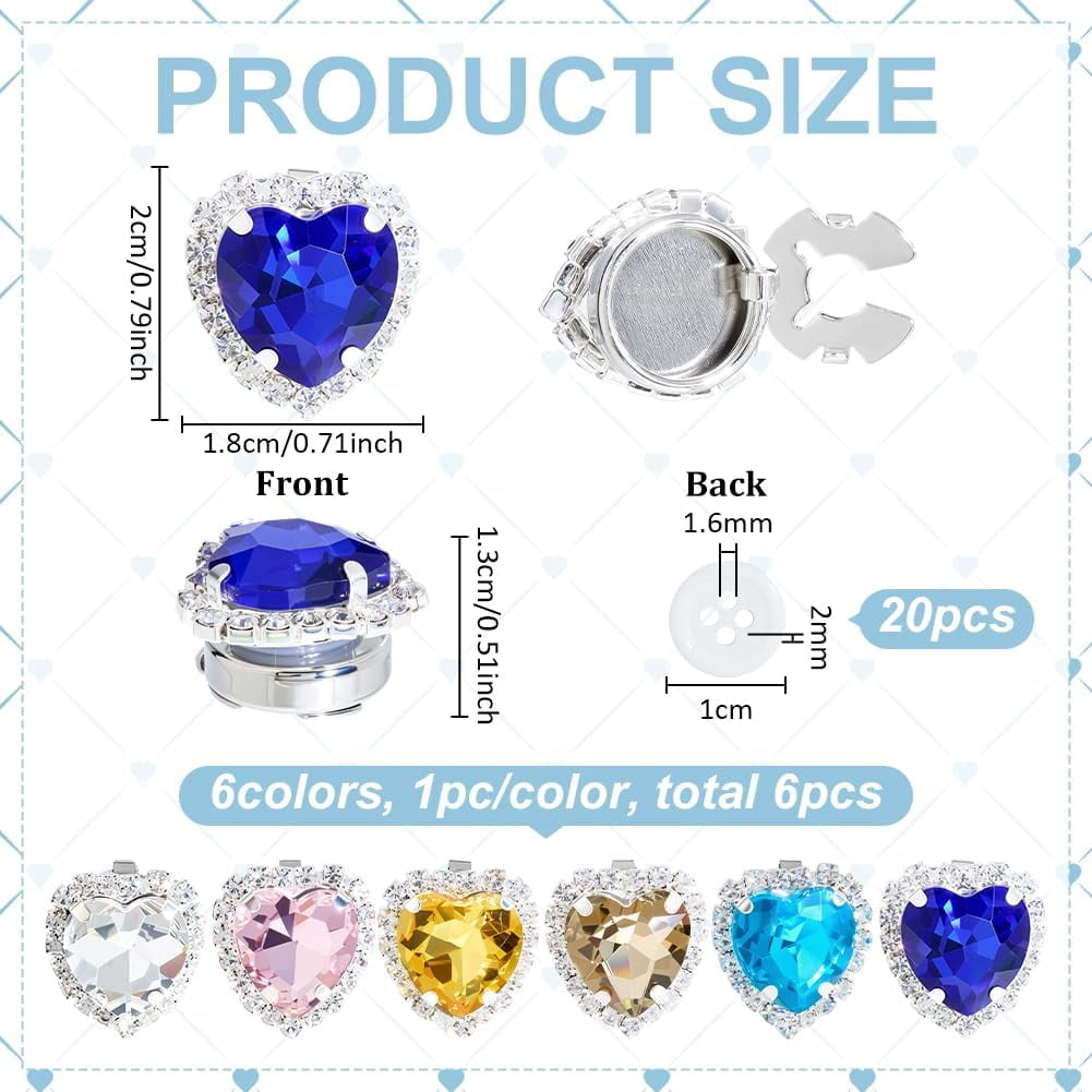 6-Piece Heart Rhinestone Button Covers Mixed Color Detachable Crystal Button Clips with 20 Sewing Buttons for Shirts