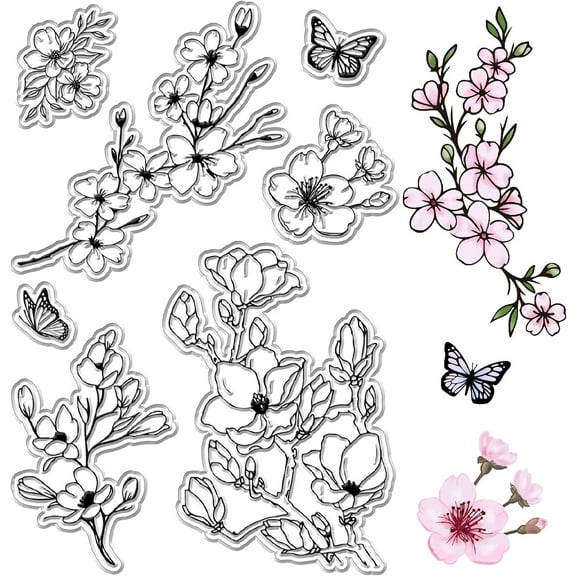 Cherry Blossom Butterfly Clear Rubber Stamps Spring Flowers Floral Reusable Transparent Silicone Stamp Seals Vintage