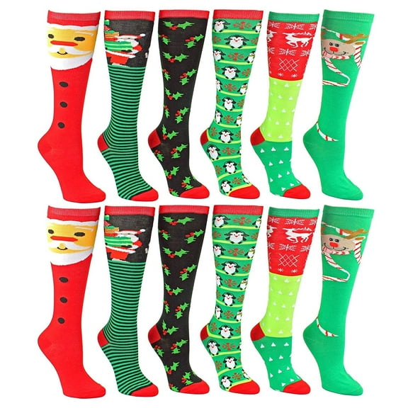 Women's Christmas Socks, 12 Pairs, Holiday Xmas Gift, Novelty Colorful Patterns (12 Pairs Knee High Socks)