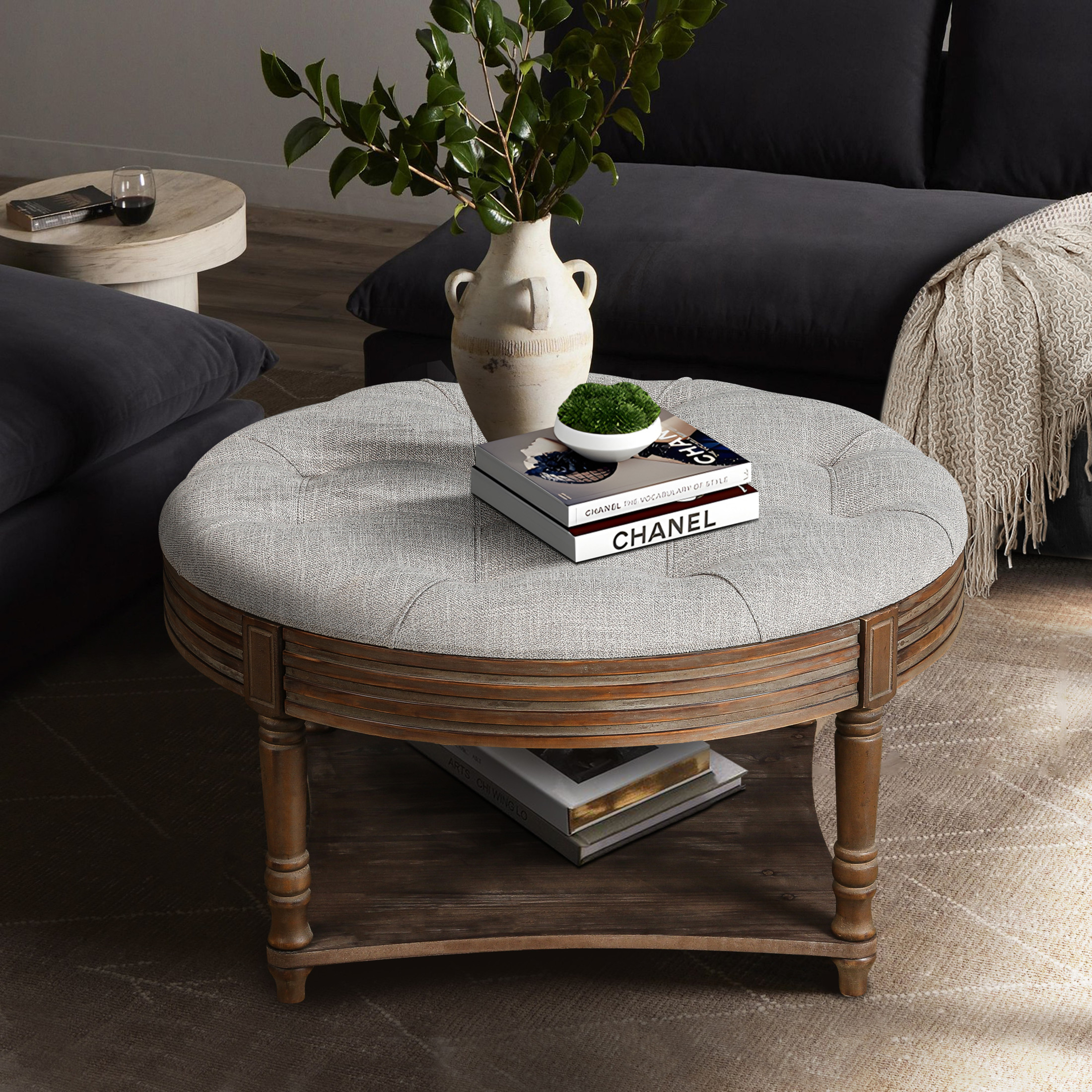 Noble House Large Round Tufted Ottoman Coffee Table with Wooden Storage Shelf, Waterproof Farmhouse Upholstered Footstool,Light Gray