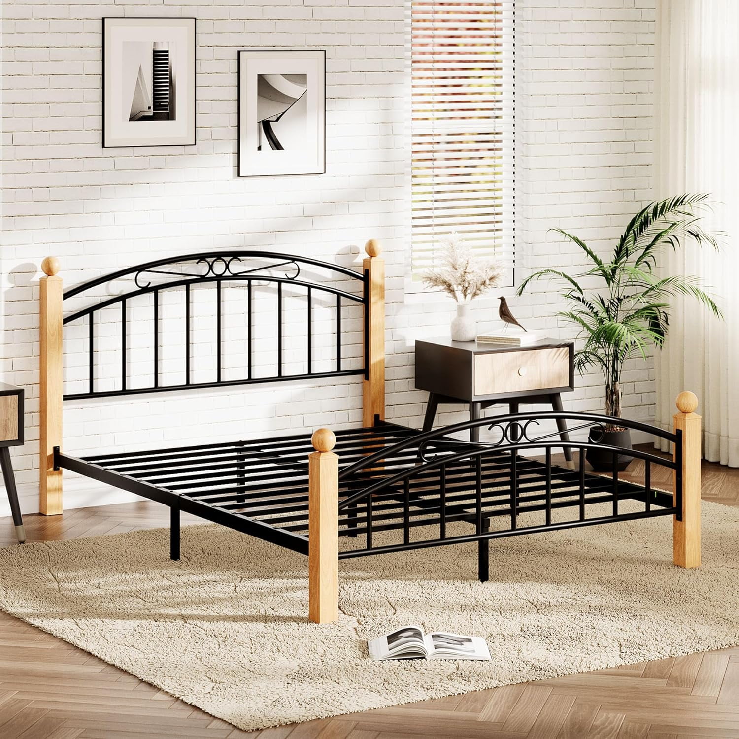Queen Size Metal Bed Frame with Headboard, Queen Platform Metal Bed Frame Wooden Slat Support, No Box Spring Needed, Noise Free Sleep, Underbed Storage Space with Sturdy Steel Slats