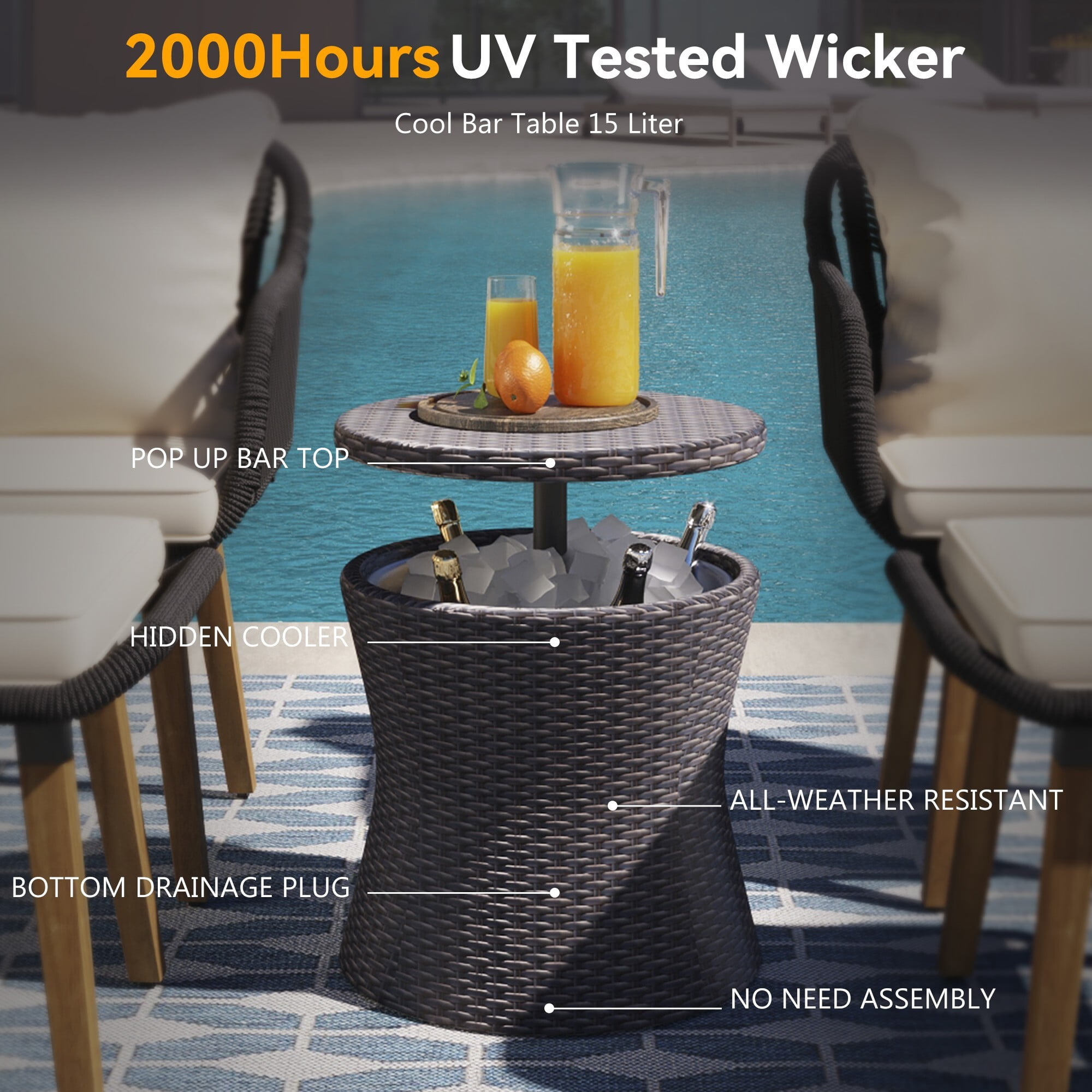 AENKYO 5-Piece Outdoor Rope Woven Patio Conversation Set with Pop-Up Cooler Bar Table, Black Rope with Off-White Cushions