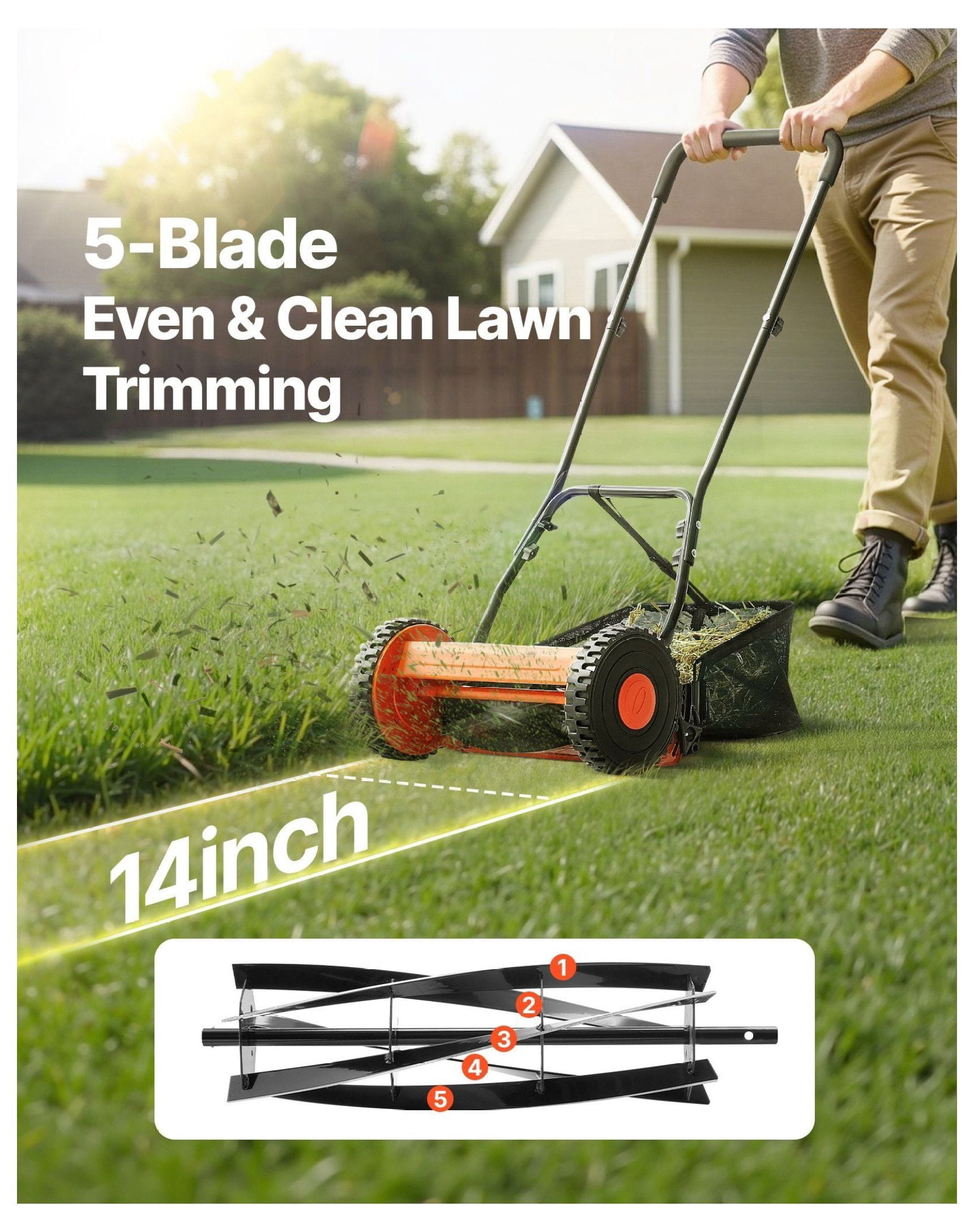 14" Push Reel Lawn Mower, 5-Blade Manual Grass Mower, Adjustable Height, with Grass Catcher, 2-Wheel Quiet Mower for Small Yards