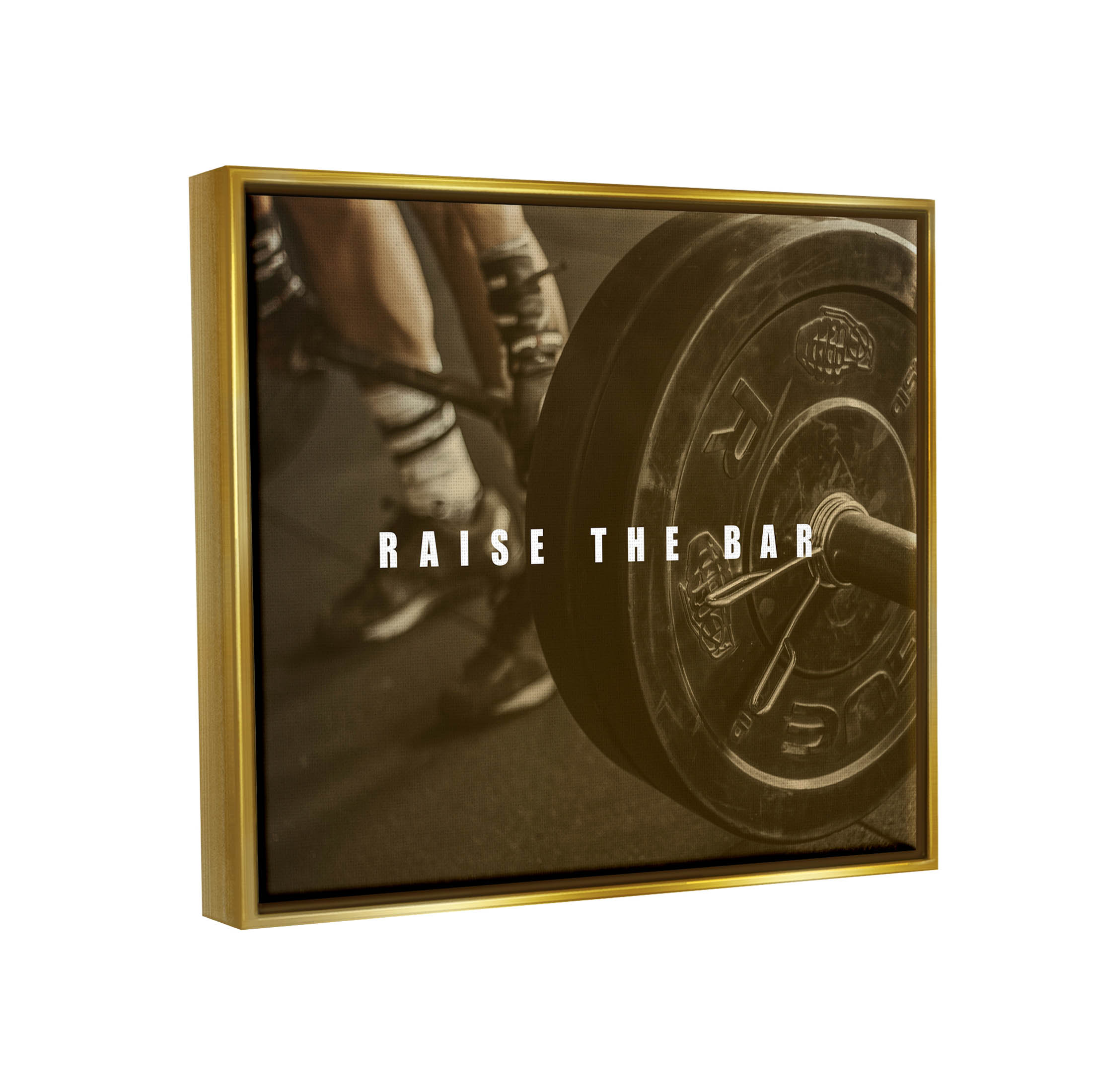 Stupell Industries Raise The Bar Motivational Bodybuilder Graphic Art Metallic Gold Floating Framed Canvas Print Wall Art, Design by Jacob Green