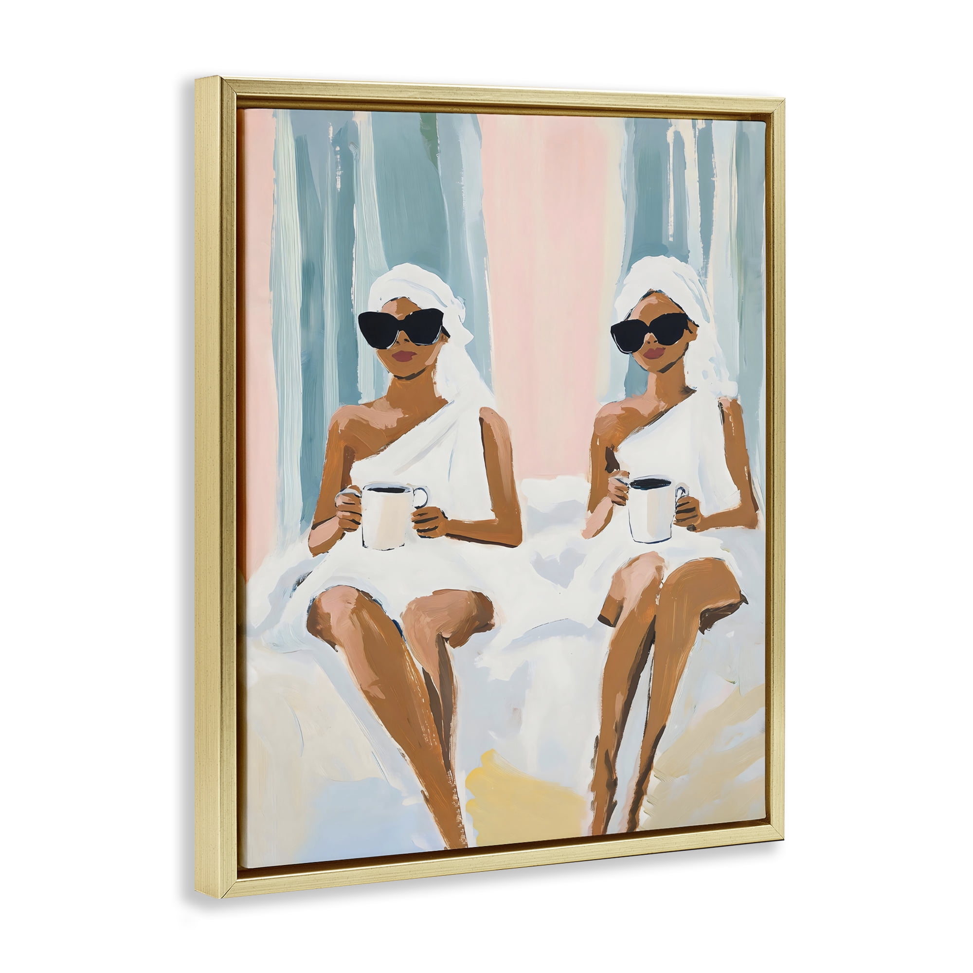 Stupell Industries Girls Spa Day with Coffee Gold Framed Floater Canvas Wall Art, design by The Prints Vibe