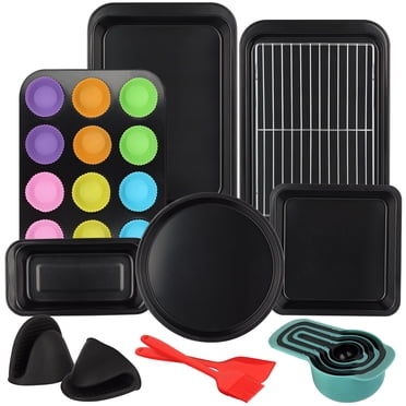 PHANCIR Bakeware Set, 24 Pcs Carbon Steel Non-Stick Baking Pan Set, Baking Sheet for Kitchen, Muffin Pan & Cookie Sheet & Cake Pan, Stackable Design for Storage, Easy to Clean, Black