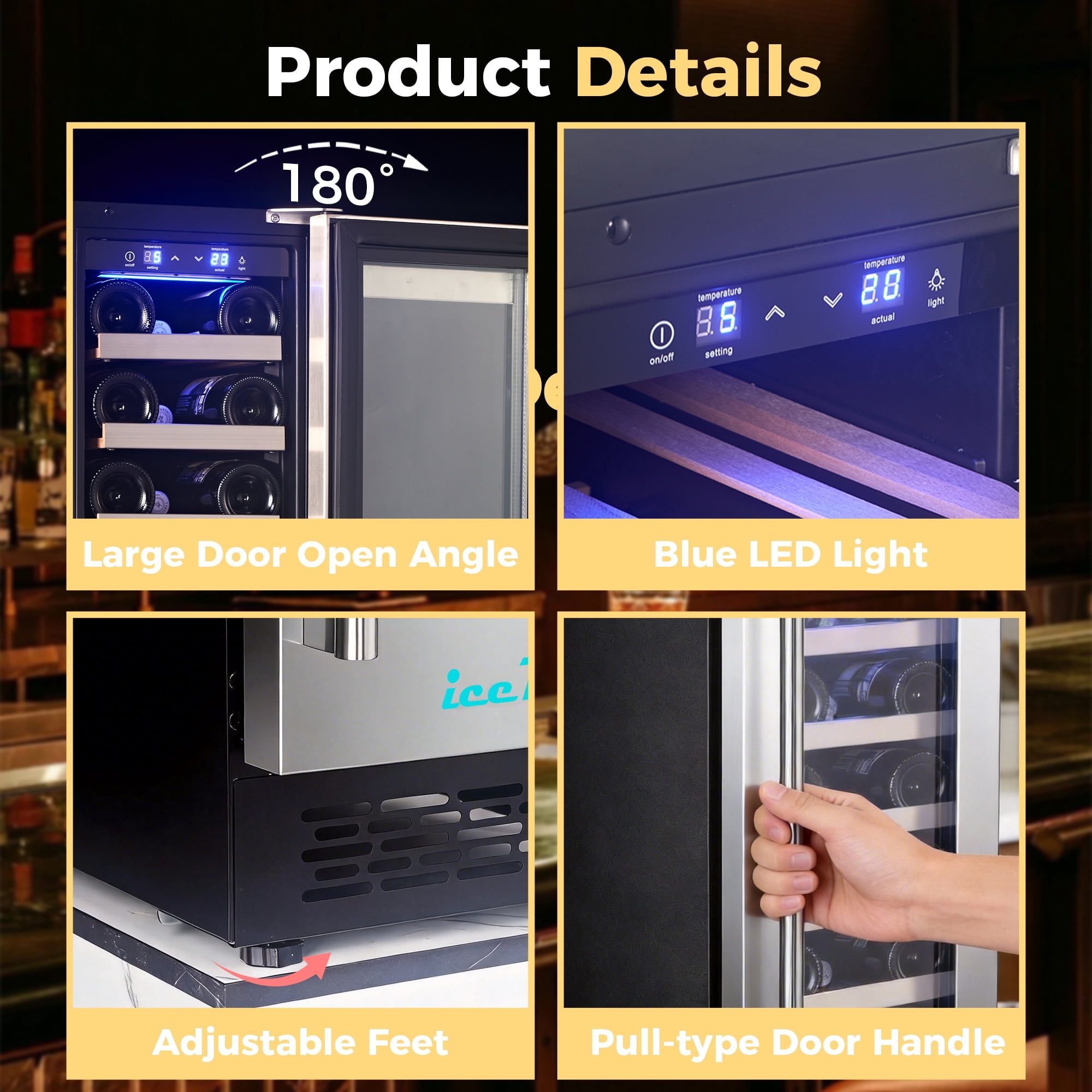 iceBlue 20-Bottle Wine & Drink Cooler, Home Use Beverage Refrigerator with Seamless Stainless Steel Door, Precise Digital Temperature Control (5-22°C), LED Screen & Internal Lighting