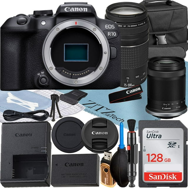 Canon EOS R10 Mirrorless Camera with RF-S 18-150mm + EF 75-300mm Lens + SanDisk 128GB Memory Card + Case + ZeeTech Accessory Bundle