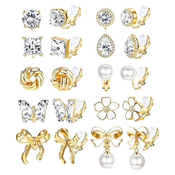 DESIGNICE 10 Pairs Clip on Earrings Set,Rhinestone Bow Pearl Clip Earrings for Women,Charming Fashion Earring Sets,Non-Pierced Earrings for Sensitive Ears Women