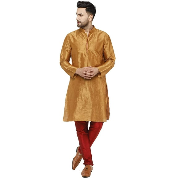 SKAVIJ Men's Kurta Pajama Set Art Silk Indian Wedding Party Dress Brown L