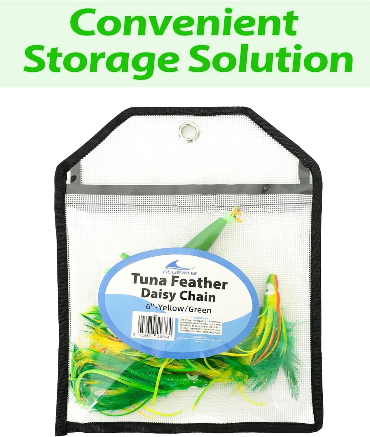 BLUEWING Tuna Feather Daisy Chain Squid Chain Fishing Teaser Lure with 4in Feathered Trolling Squids and Stainless Steel Trolling Hook Big Game Trolling Lure for Tuna Mahi Wahoo Marlin, Yellow/Green