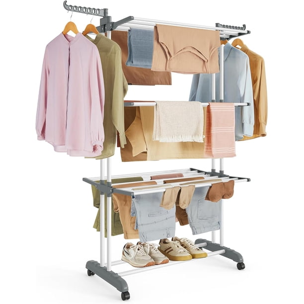 SONGMICS Tendedero, Tendedero Plegable de 4 Niveles, Asas Plegables, con Ruedas, 63.5 x 128 x 173 cm, Interior y Exterior, Blanco