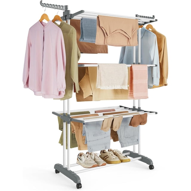 SONGMICS Clothes Drying Rack Stand 4-Tier, Laundry Drying Rack, Rolling Clothes Horses Dryer Rack, White