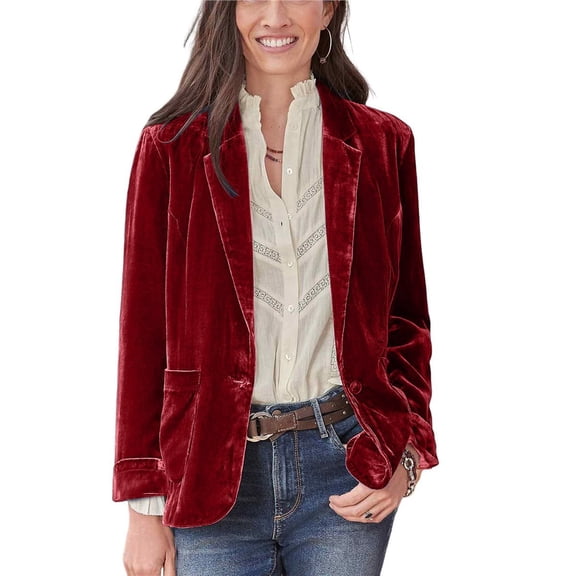 Women's Velvet Blazer Jacket Casual Button Up Long Sleeve Cardigan Suits Business Coat with Pockets Wine Red XXL