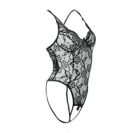 Prolriy Crotchless Body Suits for Women  Women s Fashion Erotic See Through Outfit for Women 1 Piece Lace Skeleton Open Gear No Removal See Through Hot Suit Fishnet Bodysuit for Women Black S