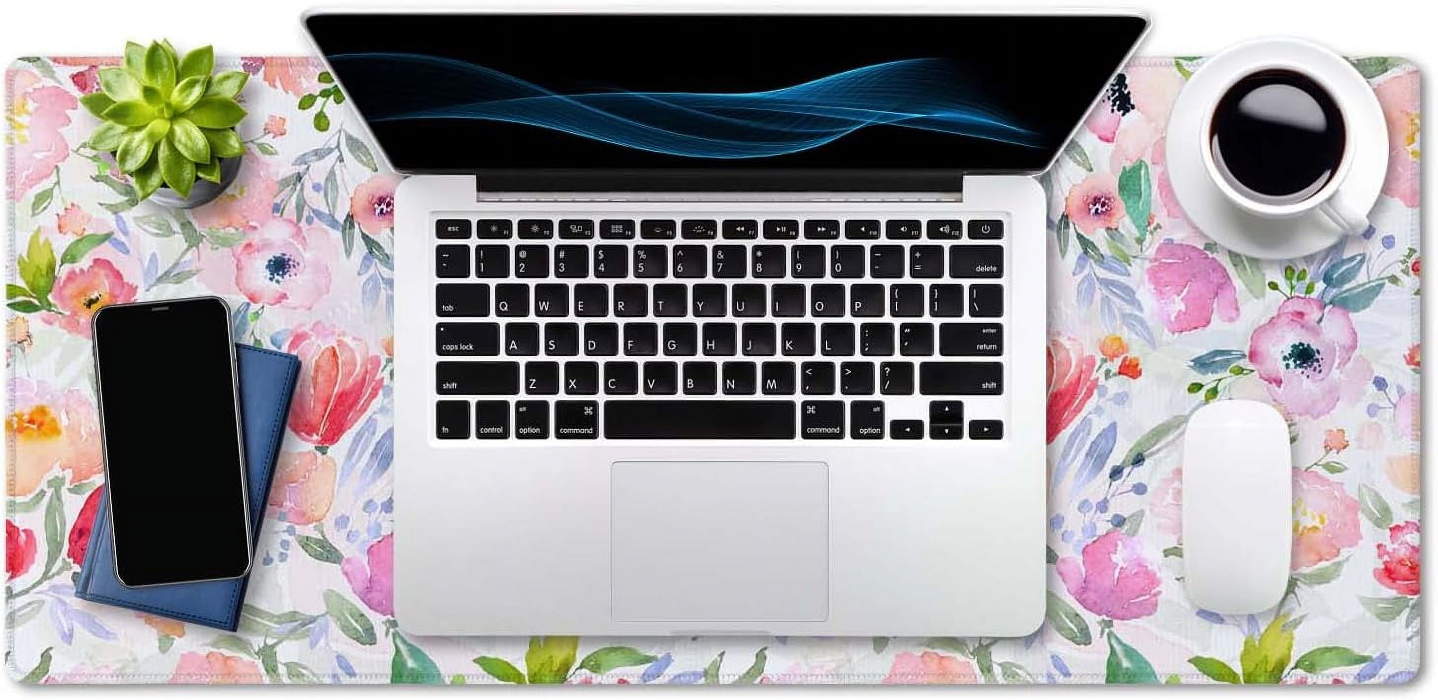 Extended Gaming Mouse Pad (35.5x15.7 in), Large Stable Rubber Base Mousepad with Stitched Edges, Keyboard Mouse Mat Desk Pad for Work, Game, Office, Home - Watercolor Floral Botanical Pattern