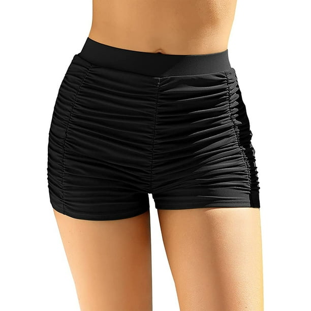 Charmo Womens Swim Shorts High Waisted Tummy Control Swimsuit Bottoms Ruched Board Shorts Black