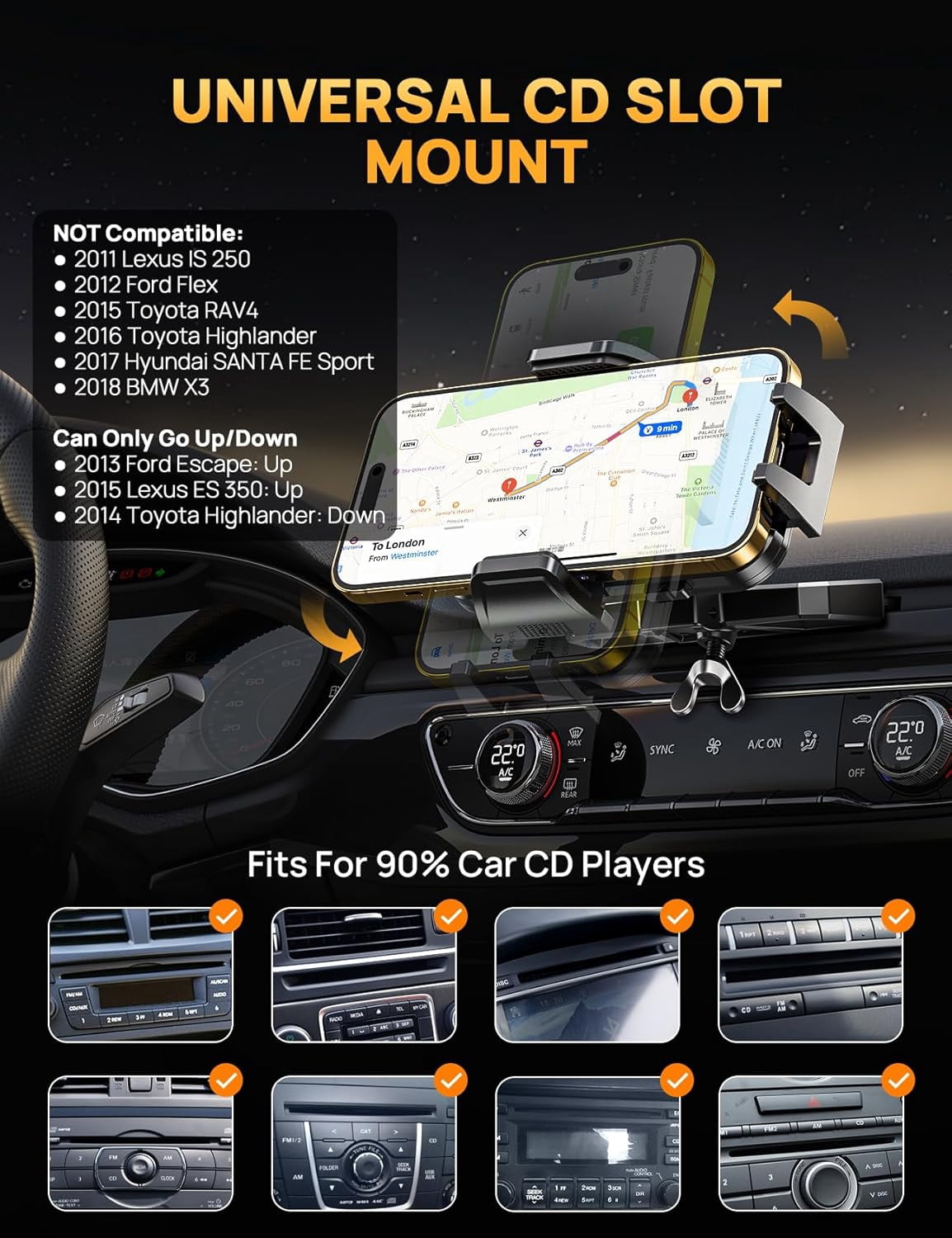 CD Slot Phone Mount, Upgraded Car Phone Holder [Thick Cases Friendly], 360° Adjustable Universal Phone Mount for Car CD Slot Mount for iPhone & Android Cell Phones (Light Grey)
