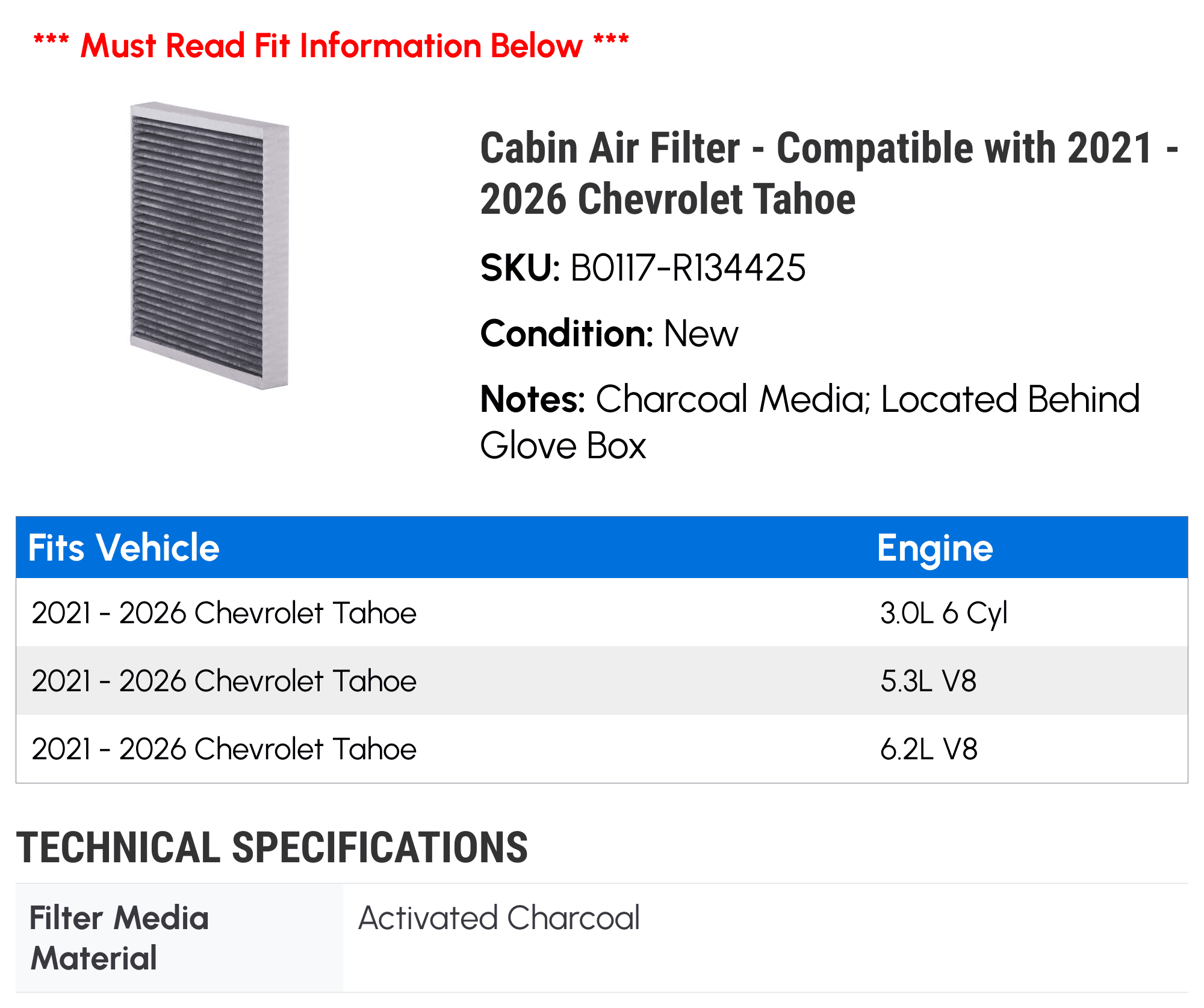Cabin Air Filter - Compatible with 2021 - 2026 Chevy Tahoe 2022 2023 2024 2025