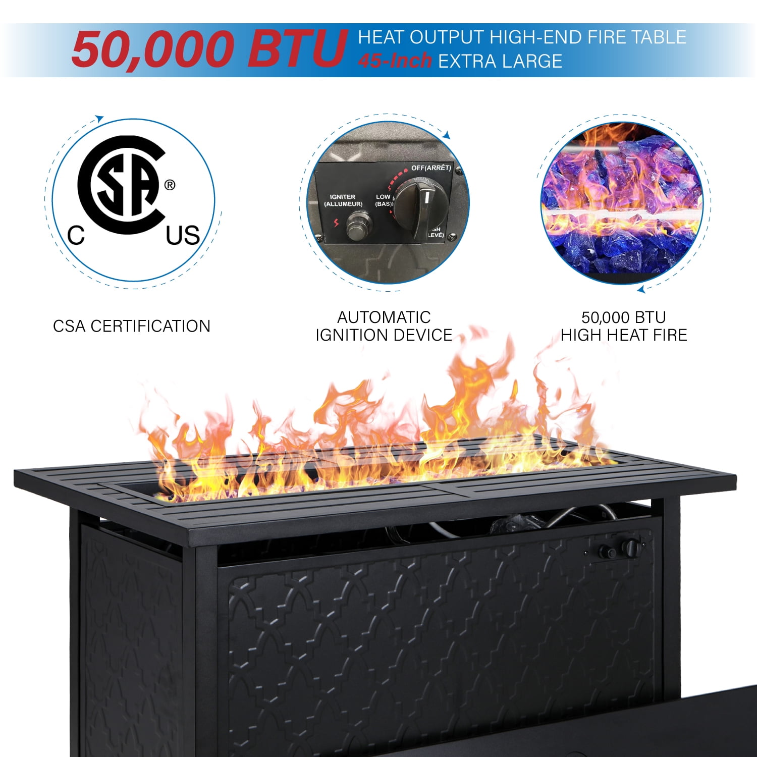 SUMMIT LIVING 45" Rectangular Steel Propane Fire Pit Table 50000BTU Gas Fire Pit with Blue Fire Glass and Lid, Black
