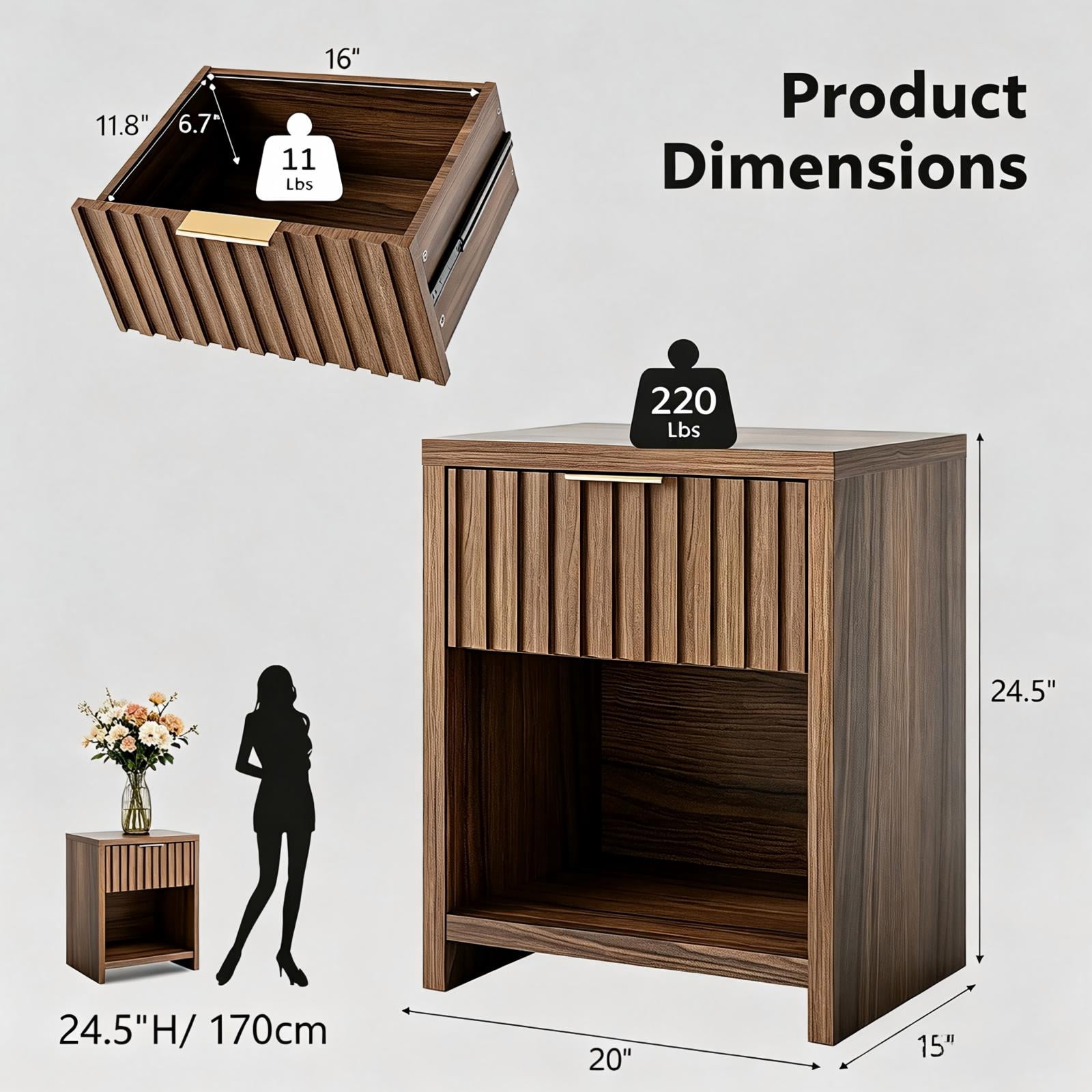 Astoutdoor Bedside Table with 1 Drawer and 1 Shelf, Dark Brown, 20 x 15 x 24.5 in