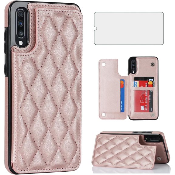 Asuwish Compatible with Samsung Galaxy A50 A50S A30S Wallet Phone Case Tempered Glass Screen Protector Credit Card Holder Stand Rugged Cell Cover for A 50 50S 30S S50 50A SM A505G Women Men RoseGold