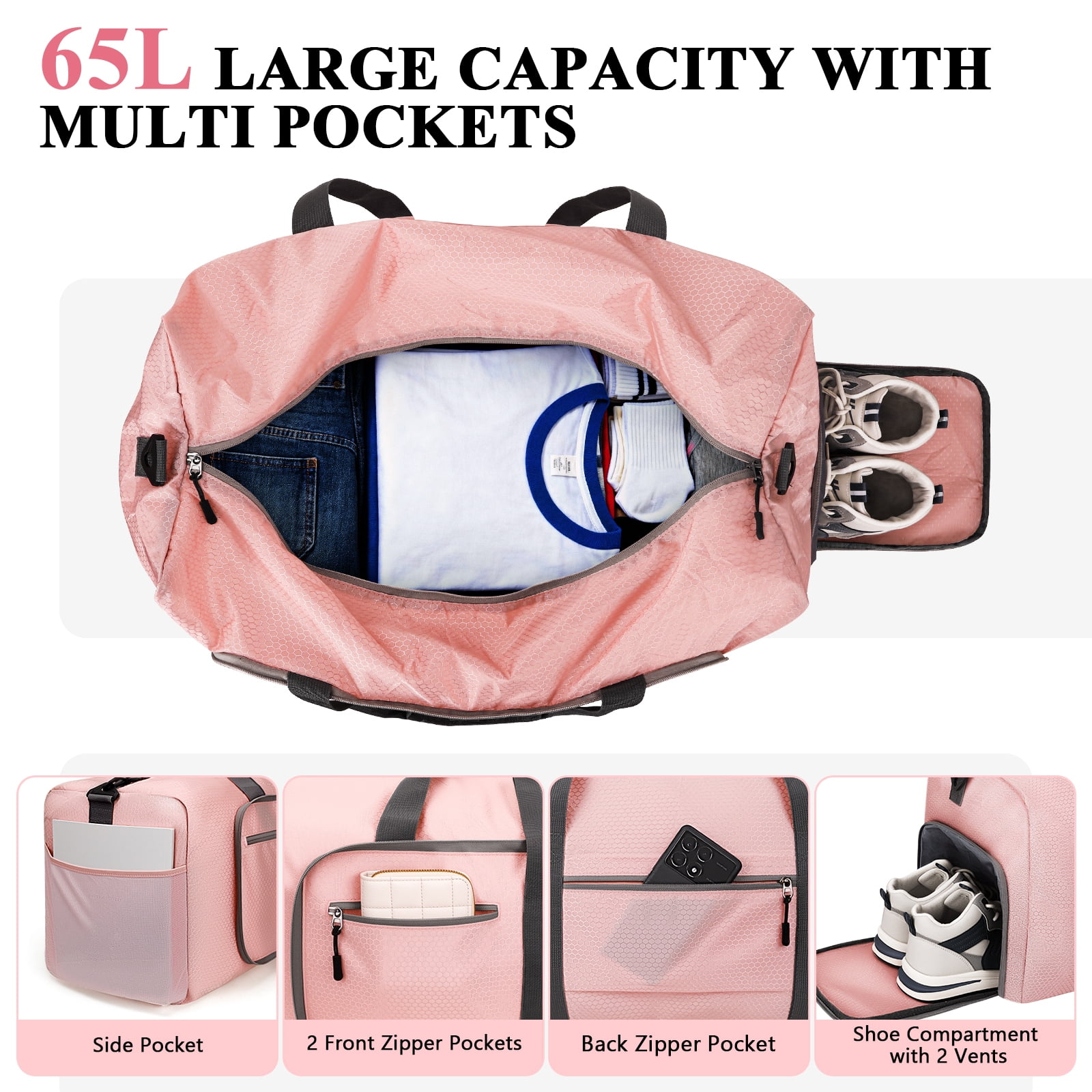 XUEYU 65L Travel Bag, Large Travel Duffel Bags with Shoes Compartment and Adjustable Strap, Foldable Travel Duffel Bags for Men Women,Waterproof Duffel Bags for Traveling Camping, Touring, Pink