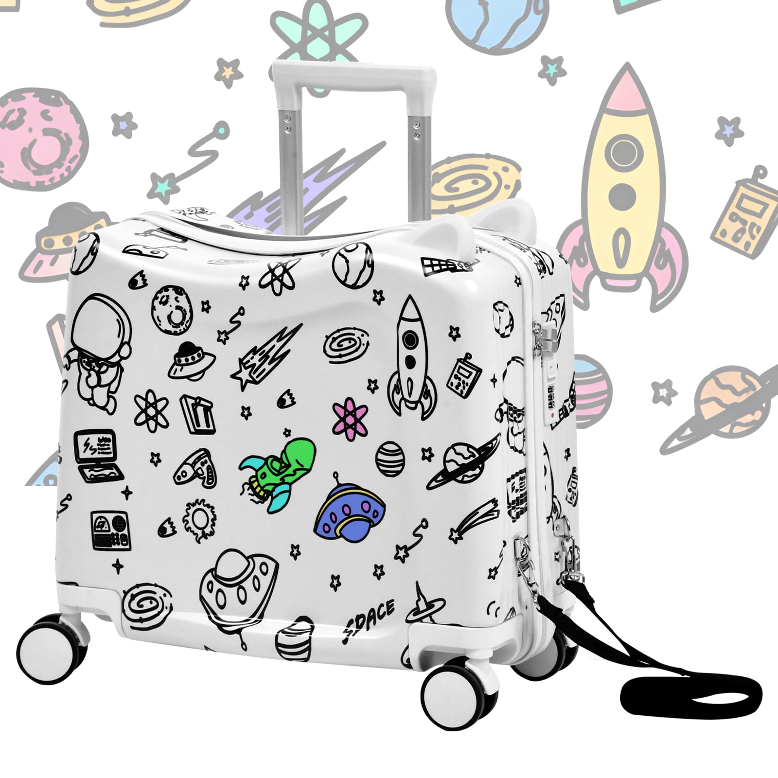 Advwin 20" Ride On Suitcase for Kids, Fun DIY Coloring Carry-On Luggage with 24 Waterproof Markers, Pull Strap & Spinner Wheels, Hardshell Rideable Travel Luggage for Children, White
