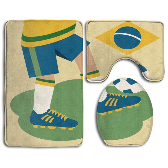 ABPHQTO Jugando al fútbol colores brasileños Juego de alfombras de baño de 3 piezas Alfombra de baño Alfombra de contorno y tapa de inodoro ABPHQTO Cont-CHAPPLE-27292