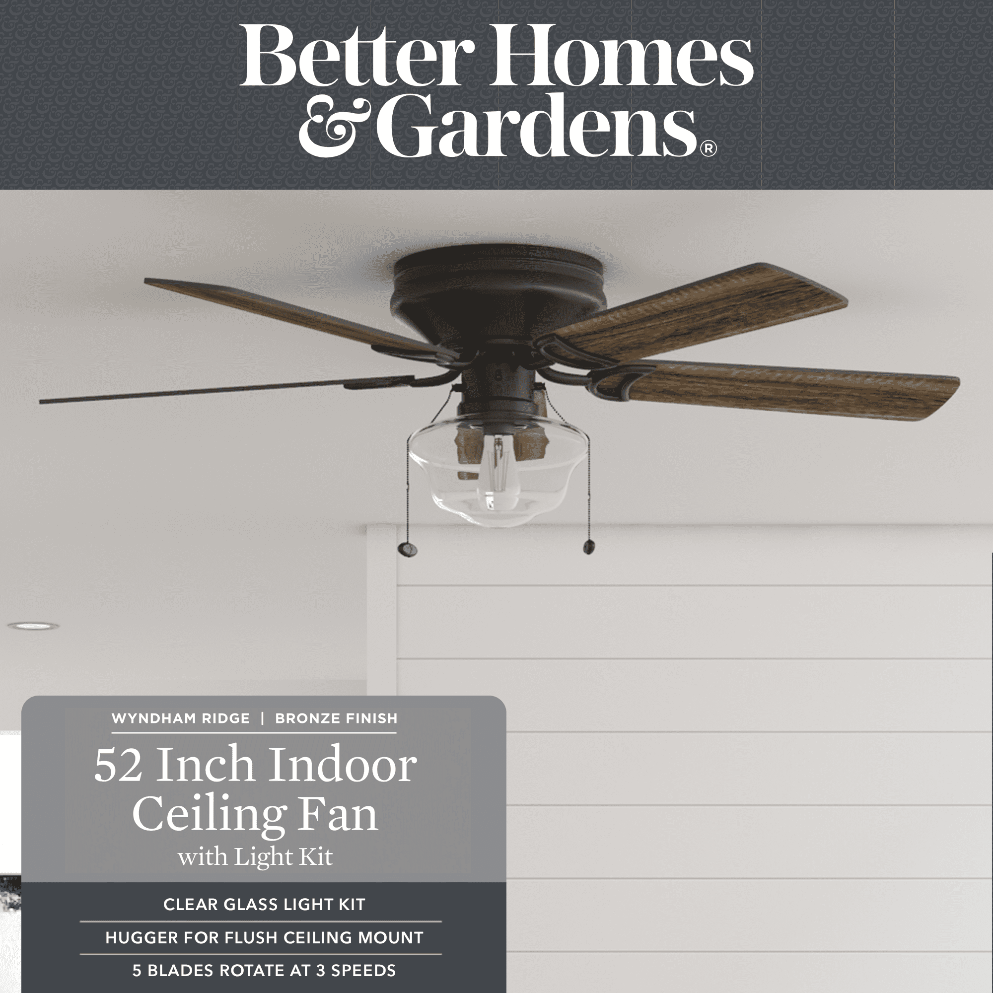 Better Homes & Gardens Wyndham 52'' Bronze Traditional LED Flush Mount Dining Room Ceiling Fan