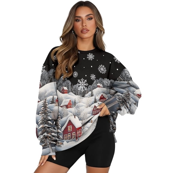 SCRAWLGOD Christmas Day Womens Casual Crew Neck Sweatshirt with Pockets Oversized Comfy Long Sleeve Lightweight Pullover Drop Shoulder Tops Fall Clothes, House Snow Christmas Tree Print, S