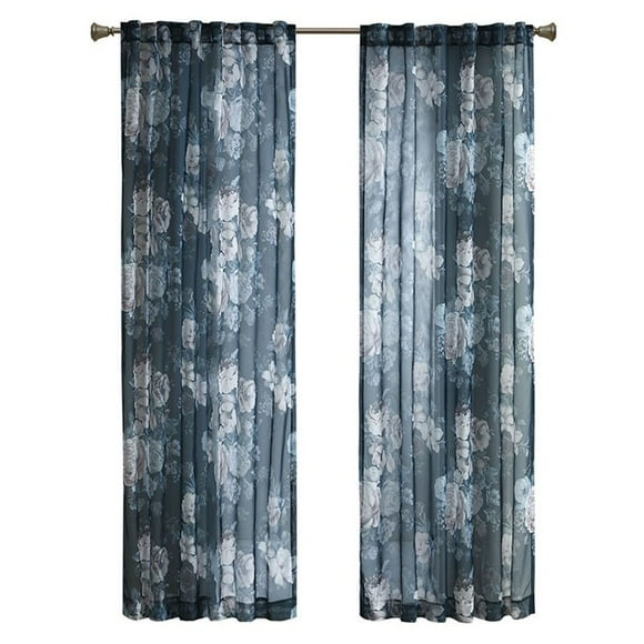 Madison Park Simone Polyester Floral Rod Pocket and Back Tab Voile Sheer in Navy