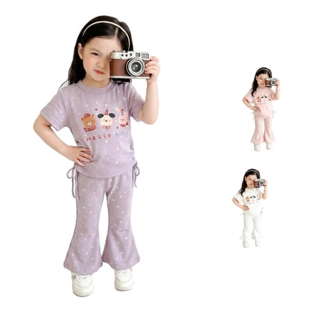 CUZIBR Kids Girls Summer Outfit Sets Short Sleeve Tops With Flare Pants Toddler Casual Playwear Comfortable Two Piece For Baby Clothing Sets,Light Purple,7 Years