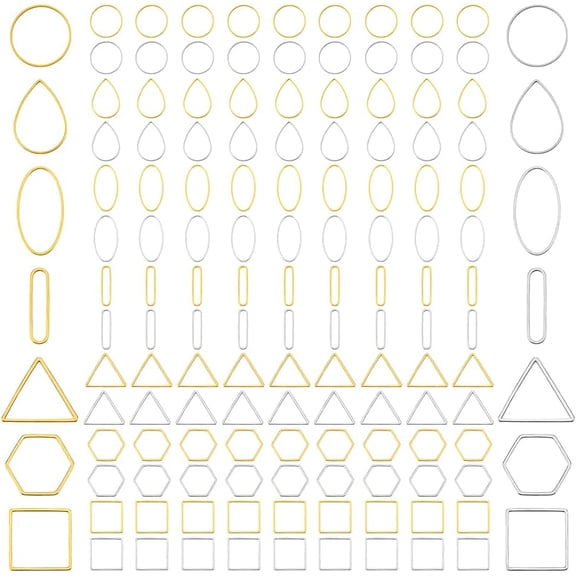 140pcs 7 Styles Beading Hoops for Jewellery Making Earring Making Supplies Square Round Teardrop Frame Connectors Rings Triangular Earrings Bezels for DIY Crafts Silver Golden